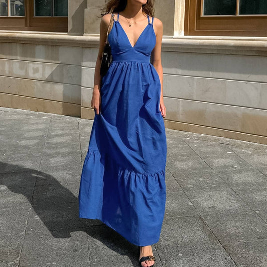 A-Line Maxi V-Neck Backless Strap Dress