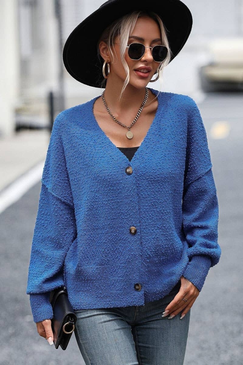 CWOCAL371 Button Down Long Sleeve V-Neck Cardigan Sweater