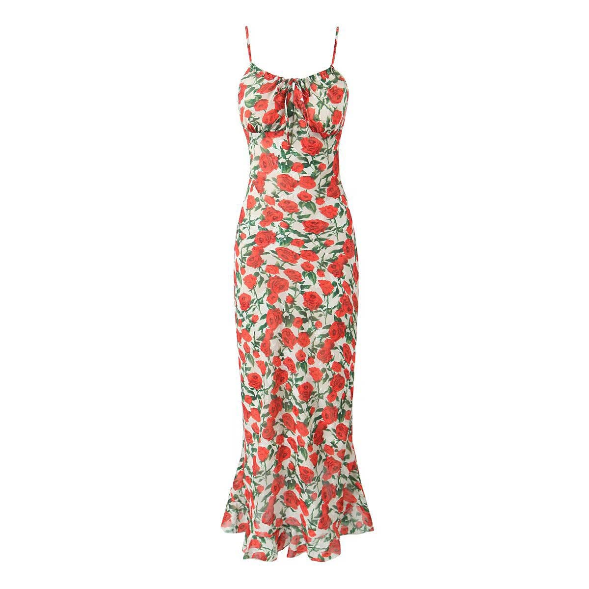 SLIM-FIT FISHTAIL FRENCH ROSE FLORAL HALTER DRESS