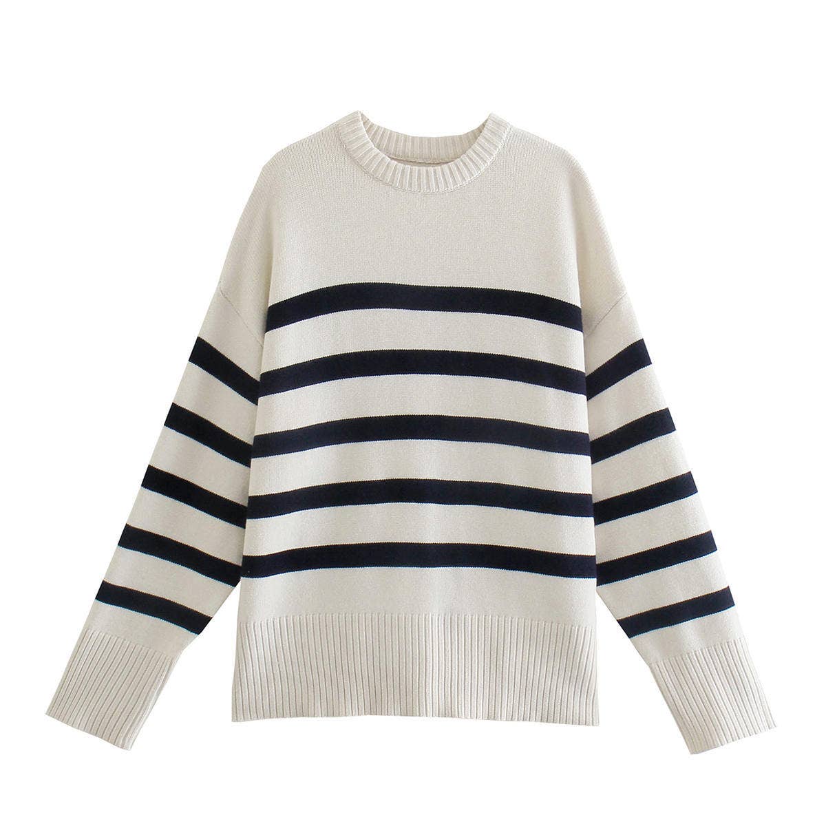 Striped long-sleeved round-neck knitted sweater