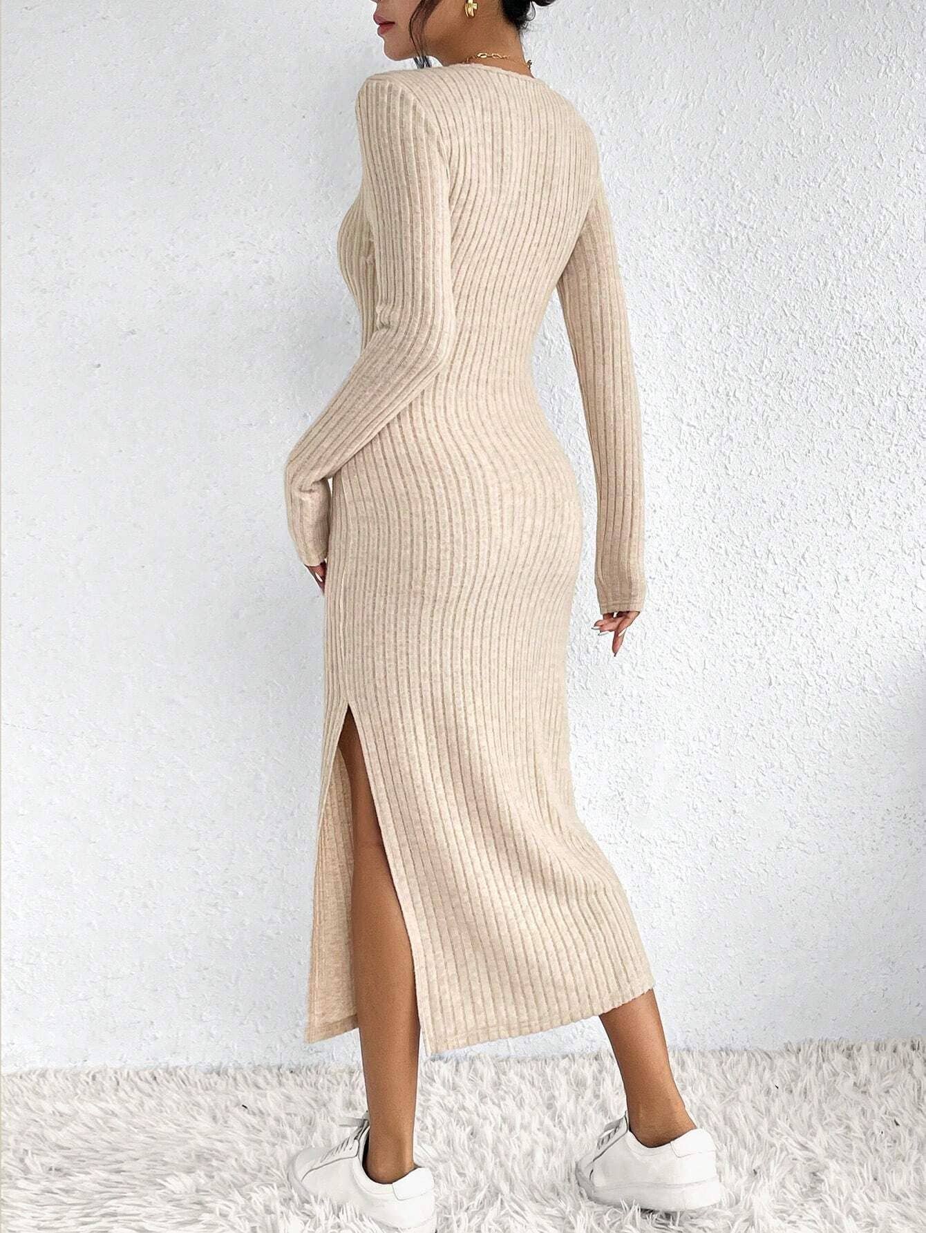 LONG SLIM-FIT KNITTED SLIT LONG-SLEEVED DRESS