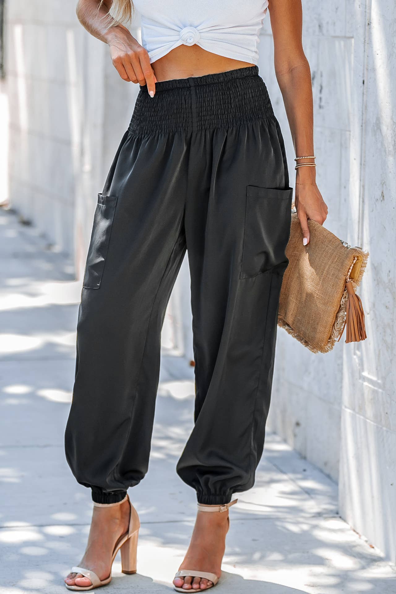 SOLID COLOR ELASTIC HIGH-WAISTED WIDE-LEG NINERS