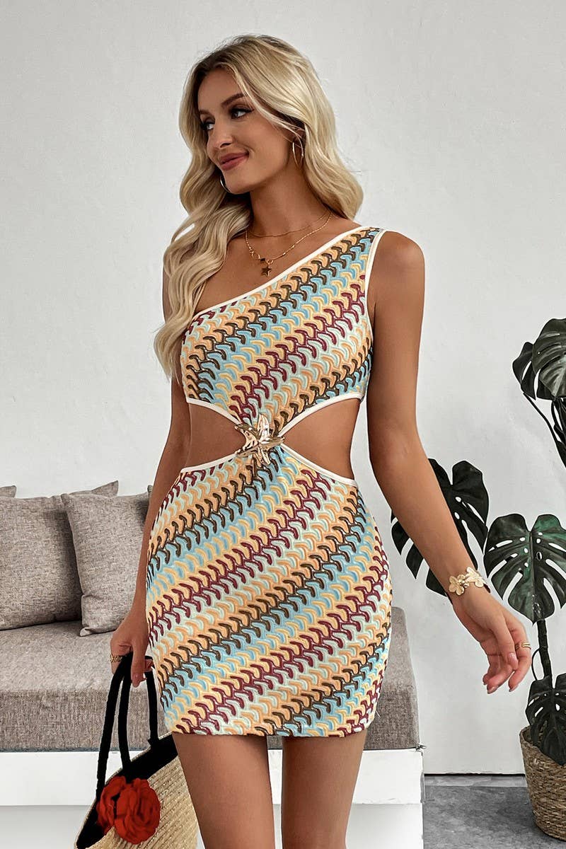CWDSD8738_STRIPED ONE-SHOULDER CUTOUT BODYCON DRESS