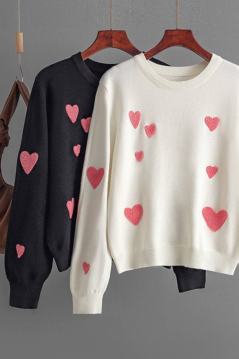 CWOSWL07294_HEART EMBROIDERED FLOCKED KNIT PULLOVER SWEATER