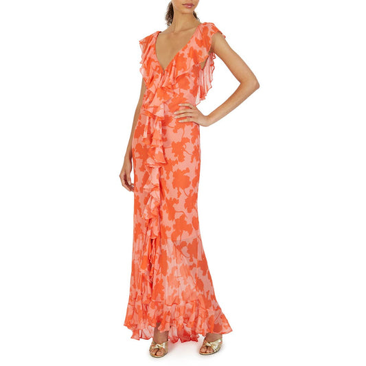 V-NECK SLIT FLESH-THROUGH FLANGED CHIFFON SKIRT