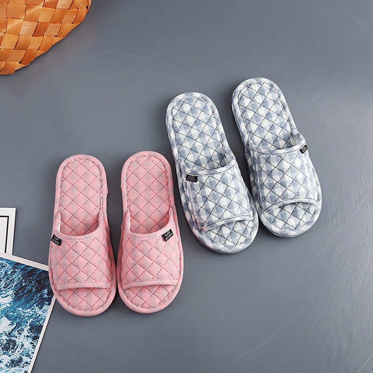 Plaid Cotton Floor Slippers with Thick Fabric Sole_CWSHF0191