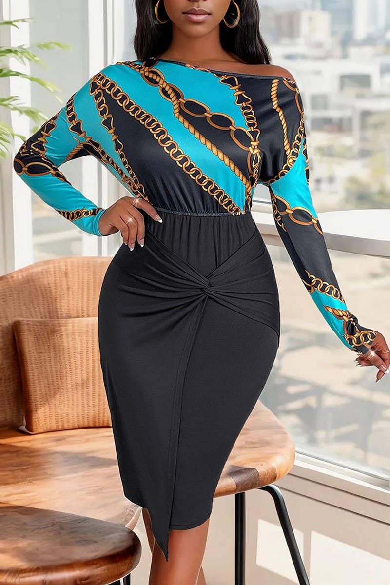 CWDMD4852_ONE-SHOULDER SLIM-FIT STITCHING ELEGANT TWIST DRES