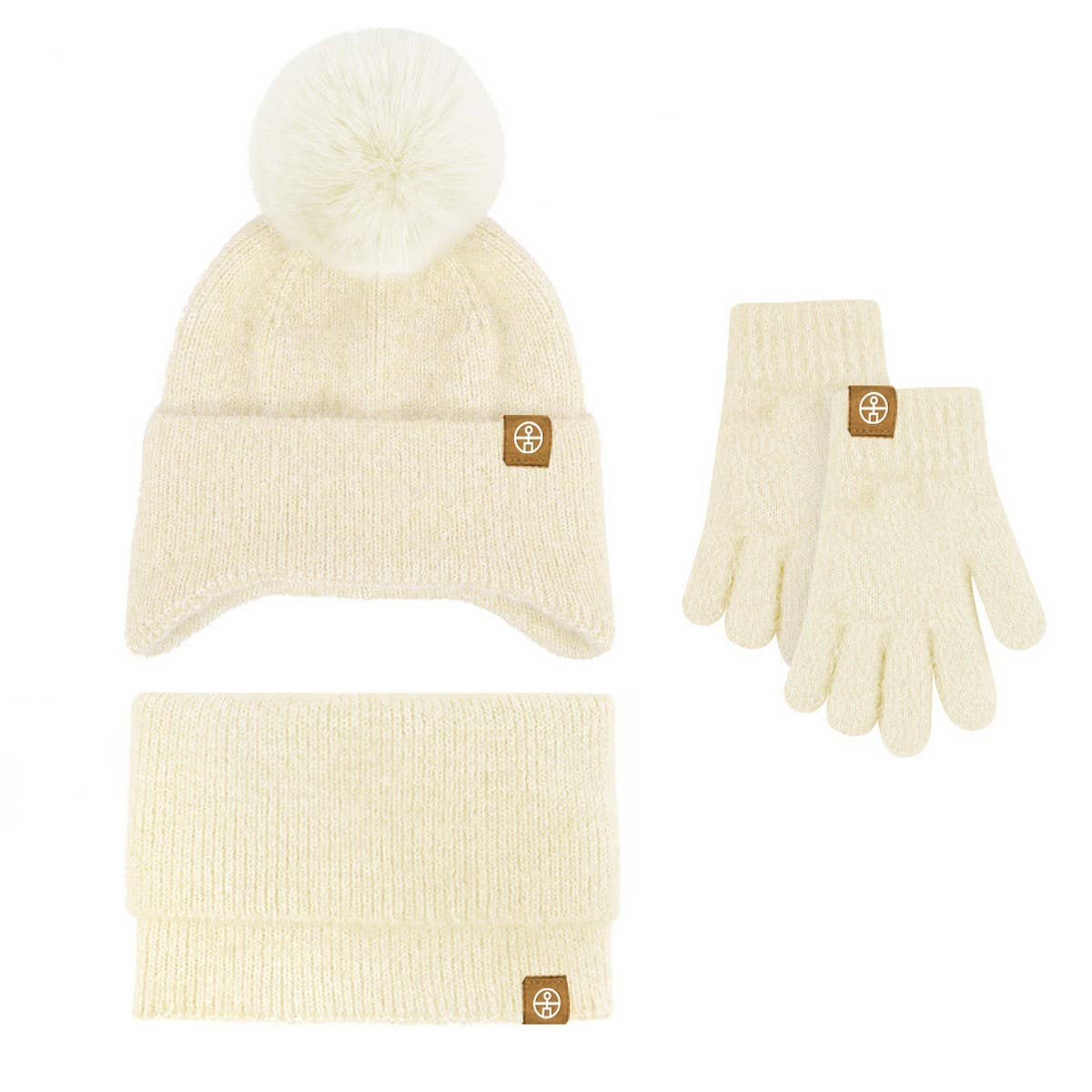 KNITTED POM POM EARMUFF HAT THREE-PIECE SET