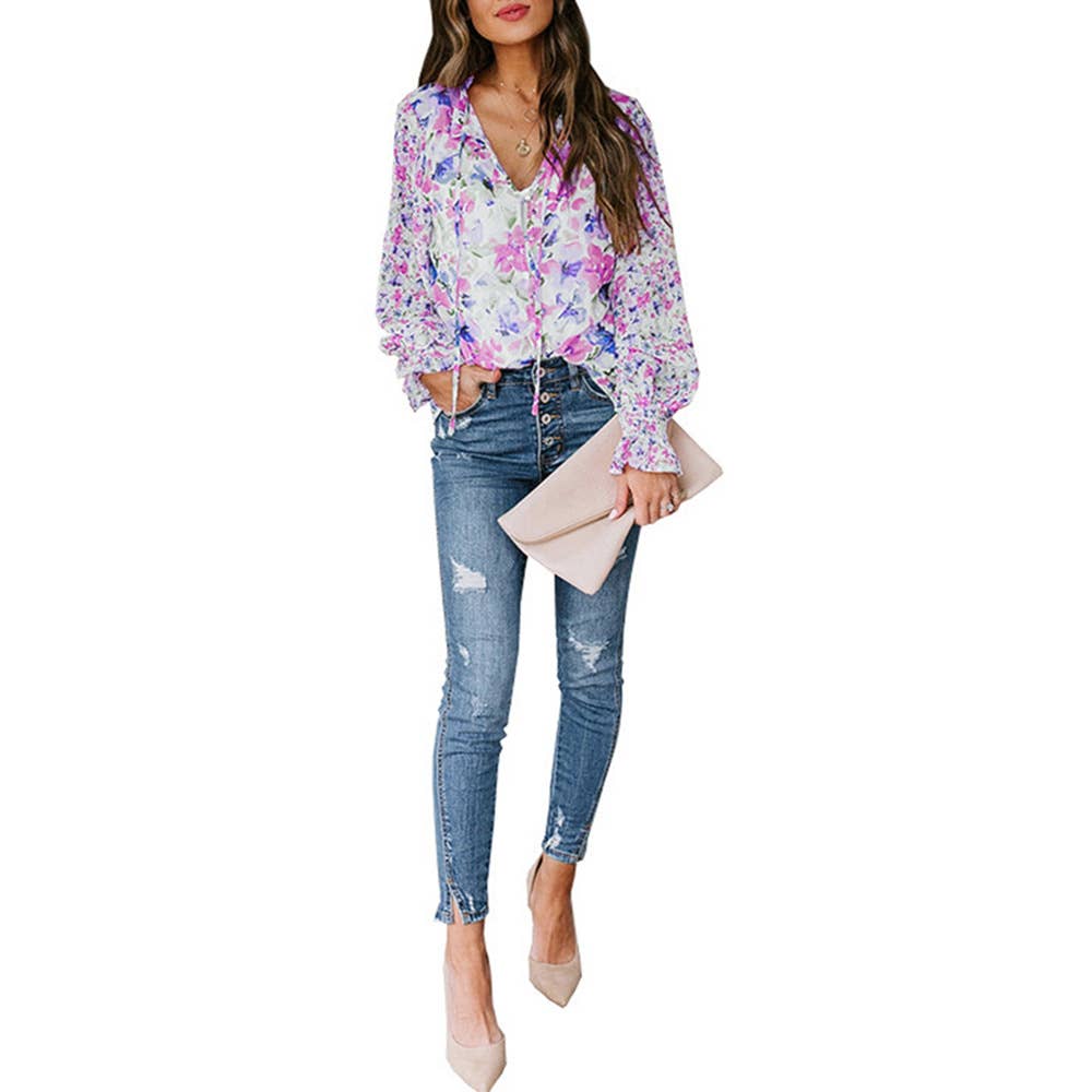 Lace-up printed lantern sleeve blouse for ladies