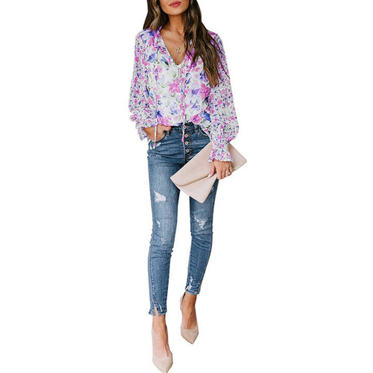 Lace-up printed lantern sleeve blouse for ladies