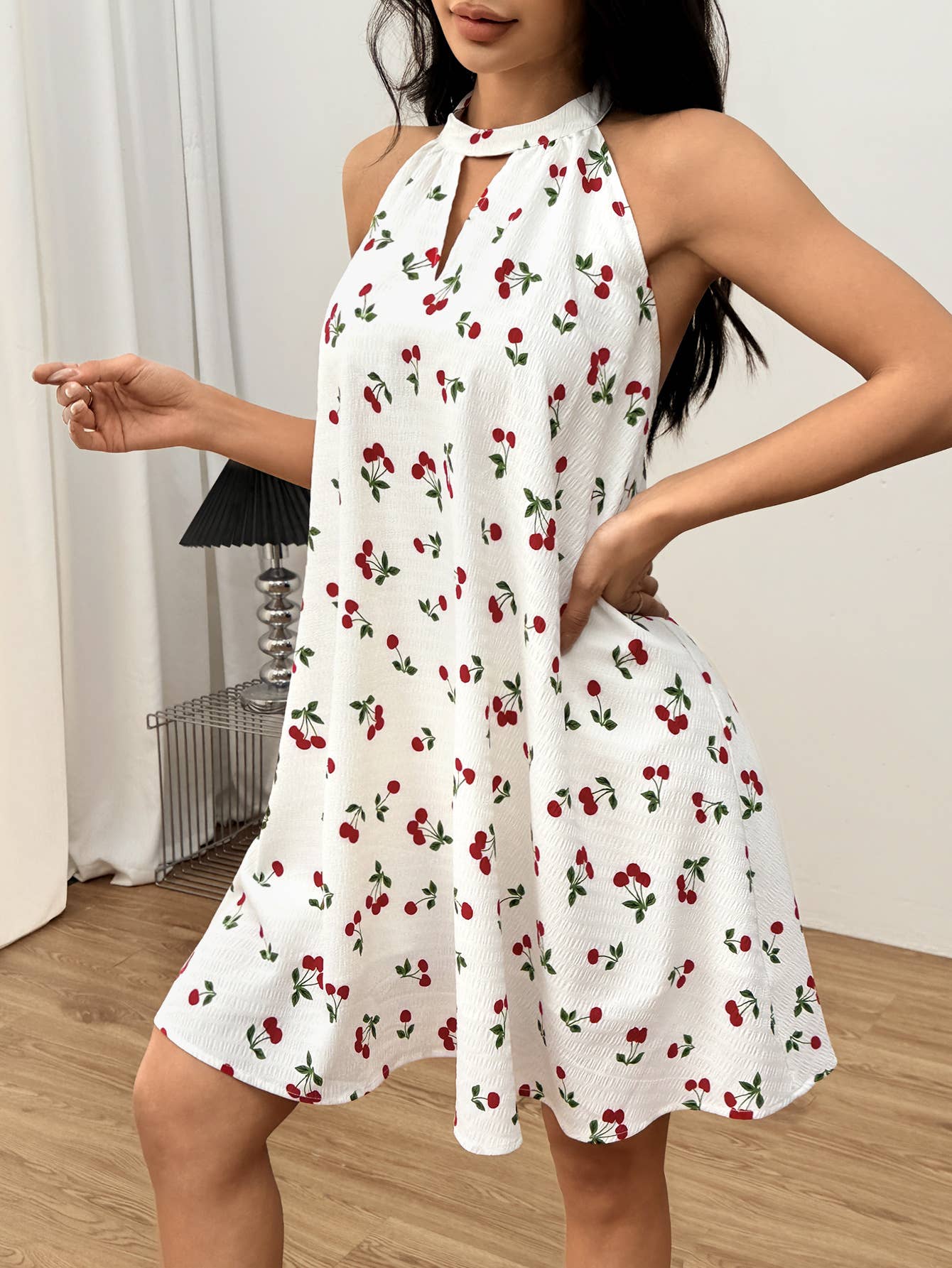 Sweet gentle wind backless cherry floral dress