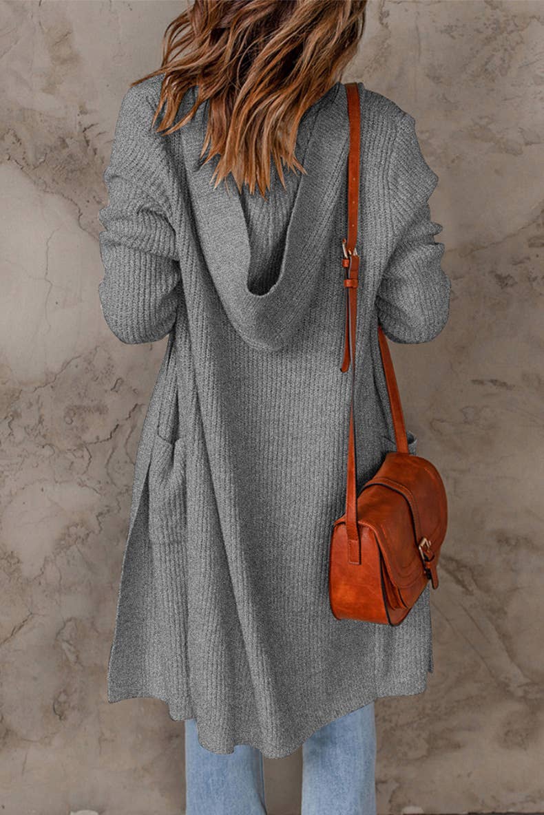 Solid-color hooded long knitted coat