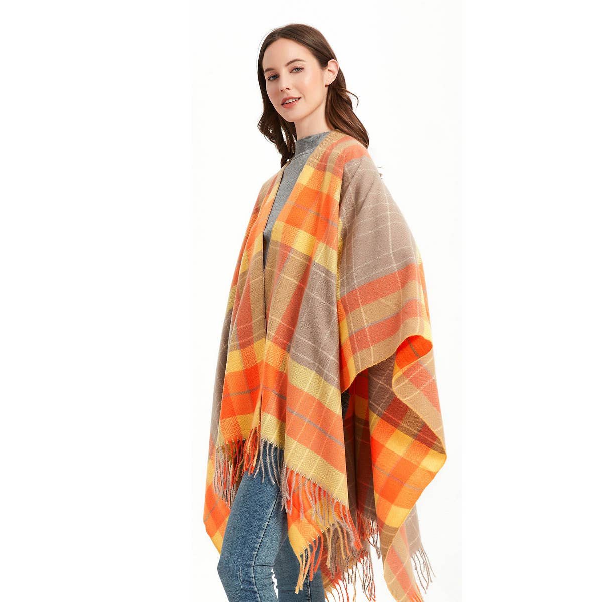 CAPE DOUBLE-SIDED PLAID SLIT SHAWL_CWASC1209