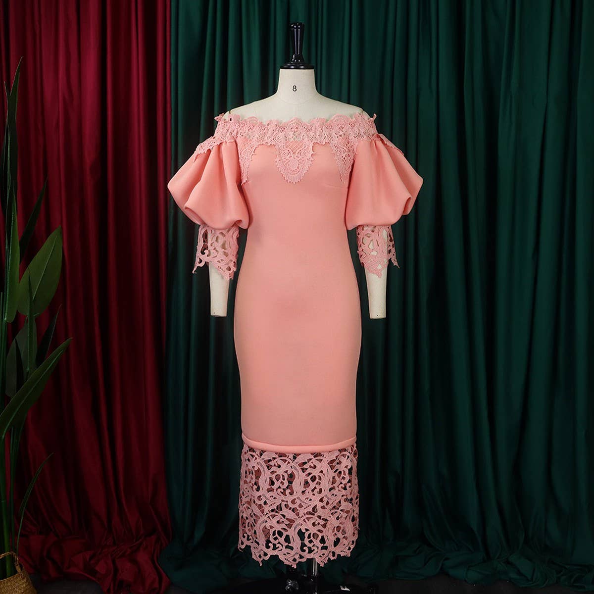 BOAT NECK LACE PATCHWORK LANTERN SLEEVE DRESS_CWDMD3683