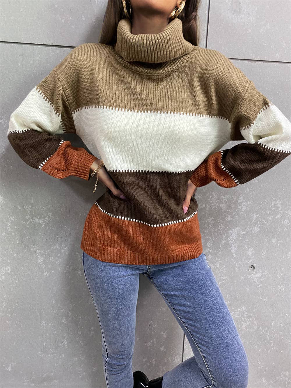 Turtleneck patchwork fashion knit long-sleeved sweater