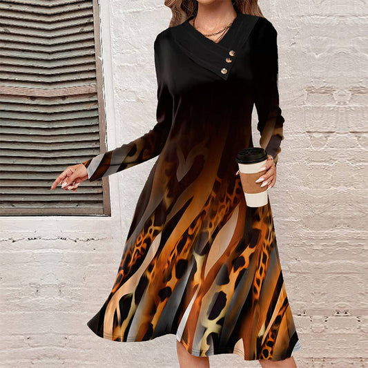 LONG SLEEVE ABSTRACT LEOPARD PRINT GRADIENT DRESS