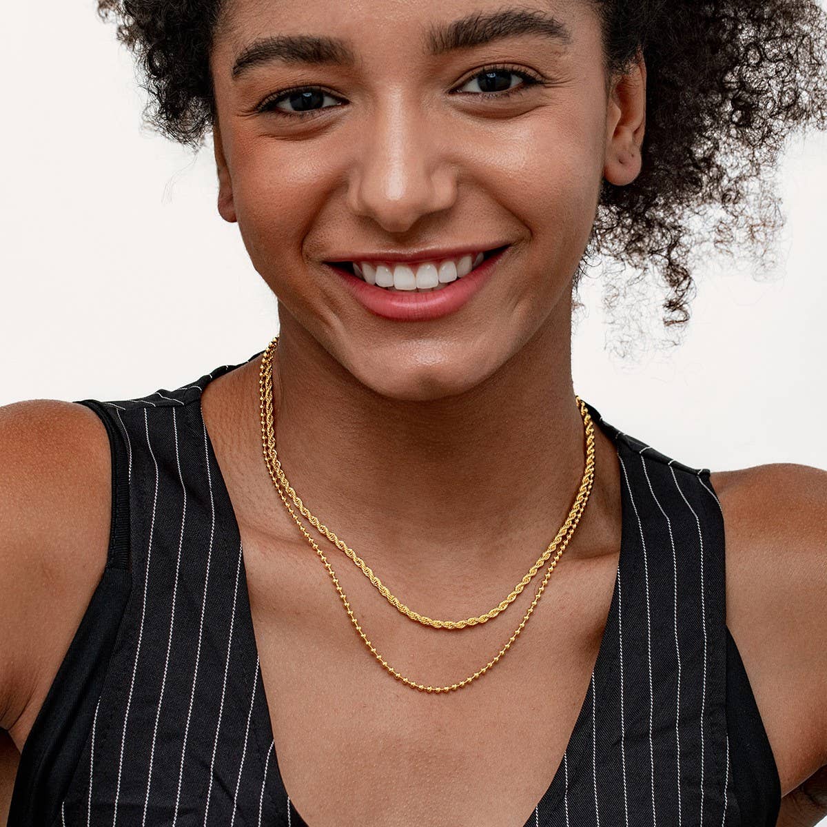 GOLD STAINLESS STEEL BEAN DOUBLE CHAIN NECKLACE