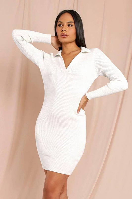 CWDSD7461_LAPEL RIBBED KNIT LONG SLEEVE BOTTOMING DRESS