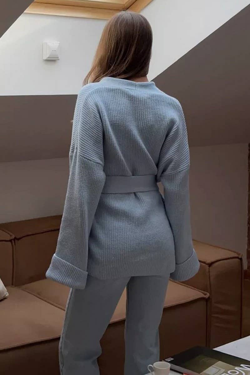 CWOCAL2240_SOLID COLOR LACE-UP LOOSE ROBE KNITTED CARDIGAN