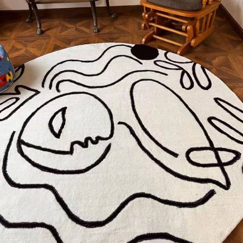 Thick Black & White Round Rug for Living Room
