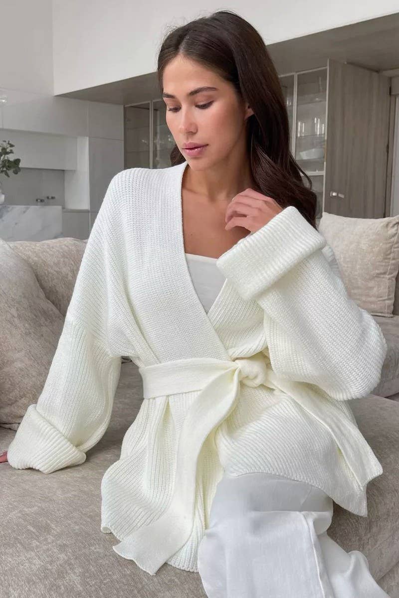 CWOCAL2240_SOLID COLOR LACE-UP LOOSE ROBE KNITTED CARDIGAN