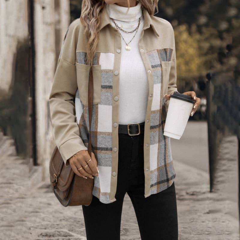 Fashionable lapel check long-sleeved shirt