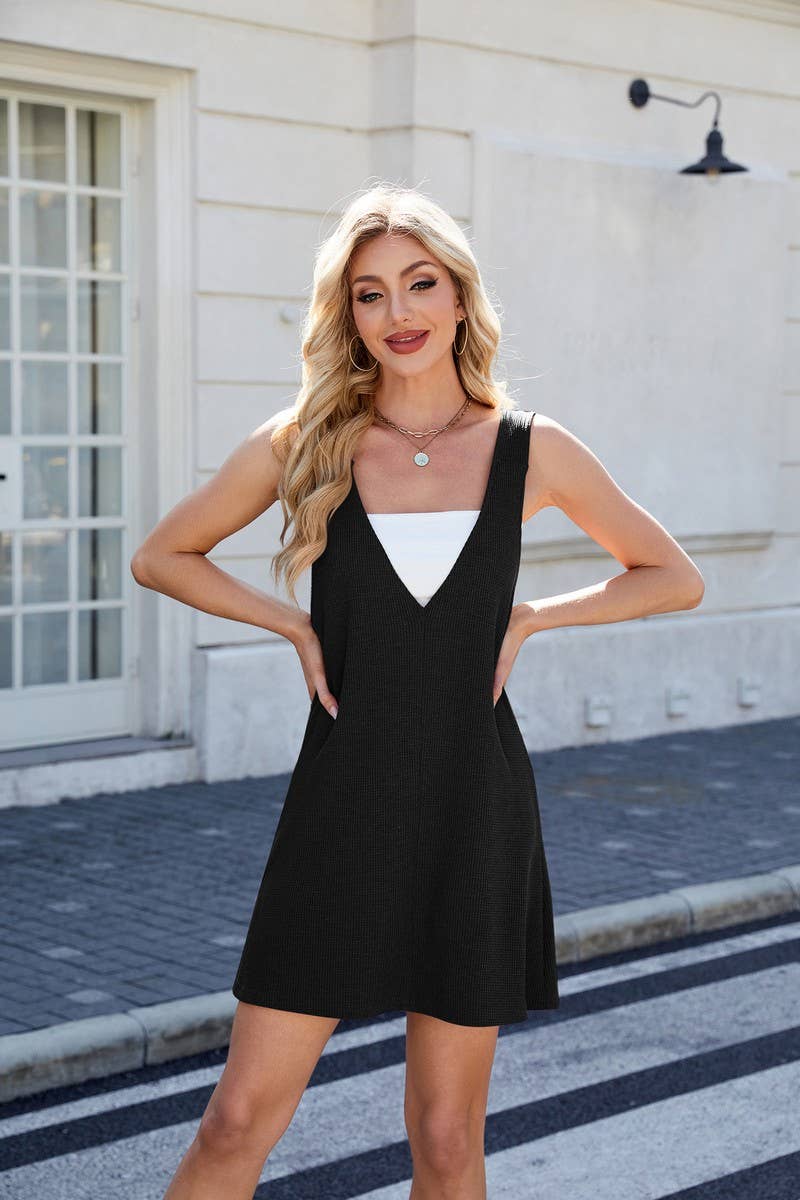 CWDSD7288_SOLID COLOR V-NECK SQUARE NECK REVERSIBLE DRESS