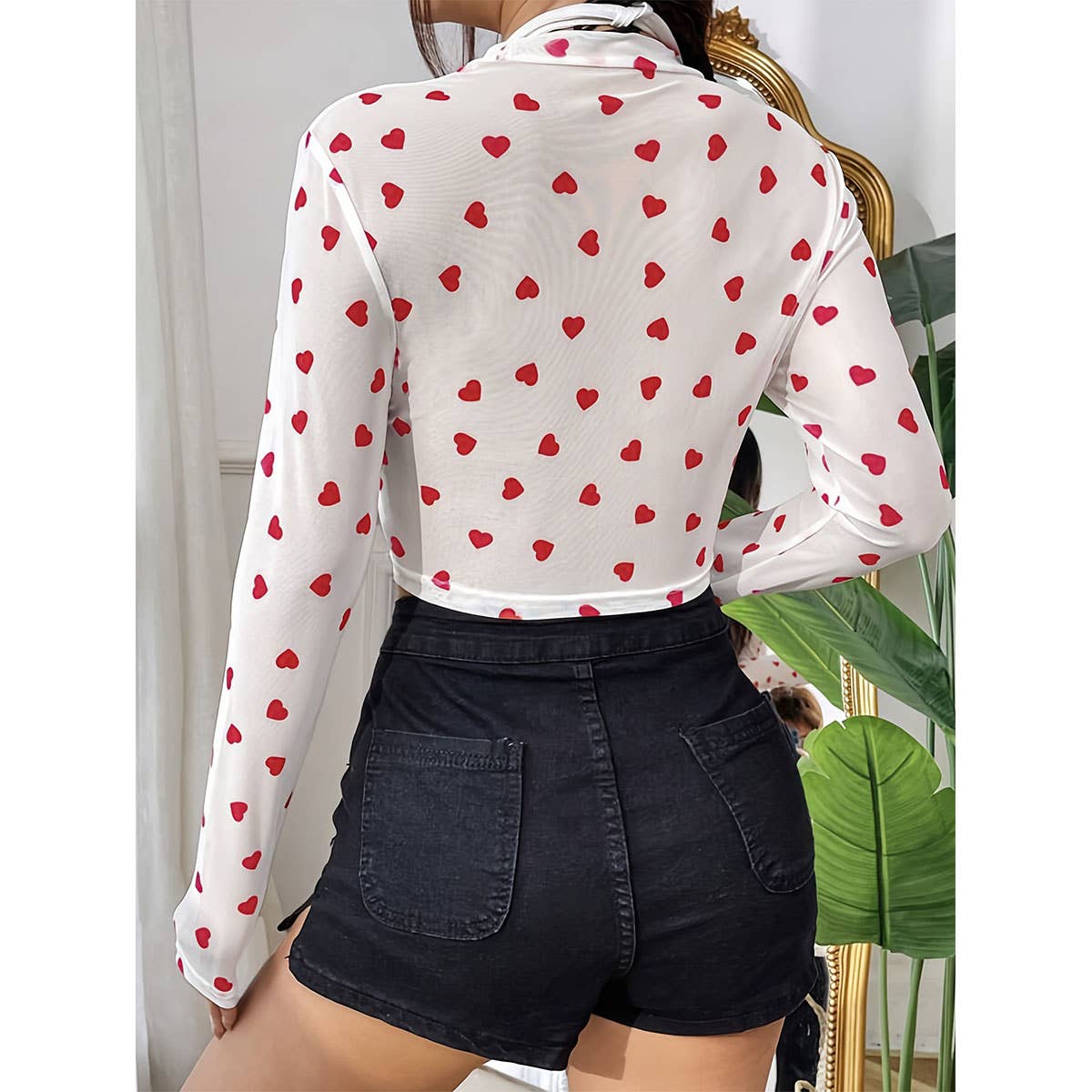 CUTE HEART PRINT MESH ROUND NECK LONG SLEEVE TOP