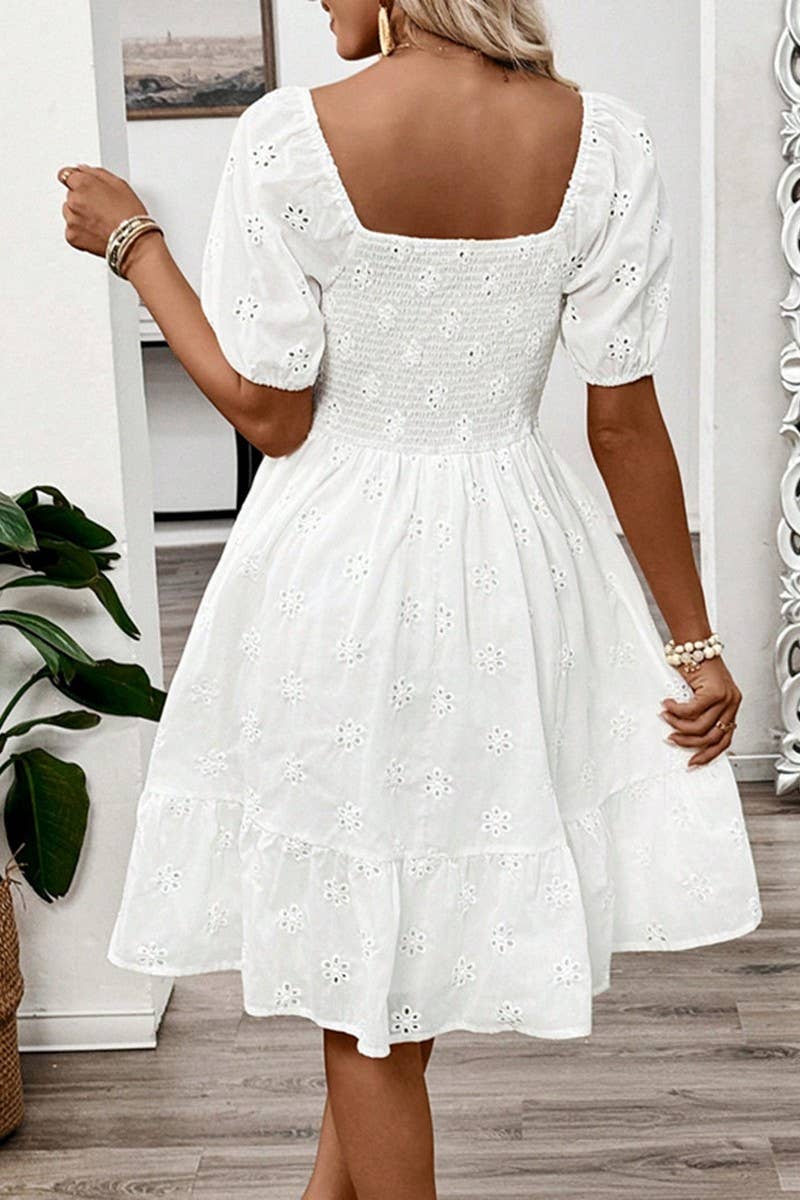 CWDSD8530_SOLID SMOCKED SQUARE NECK SHORT SLEEVE DRESS