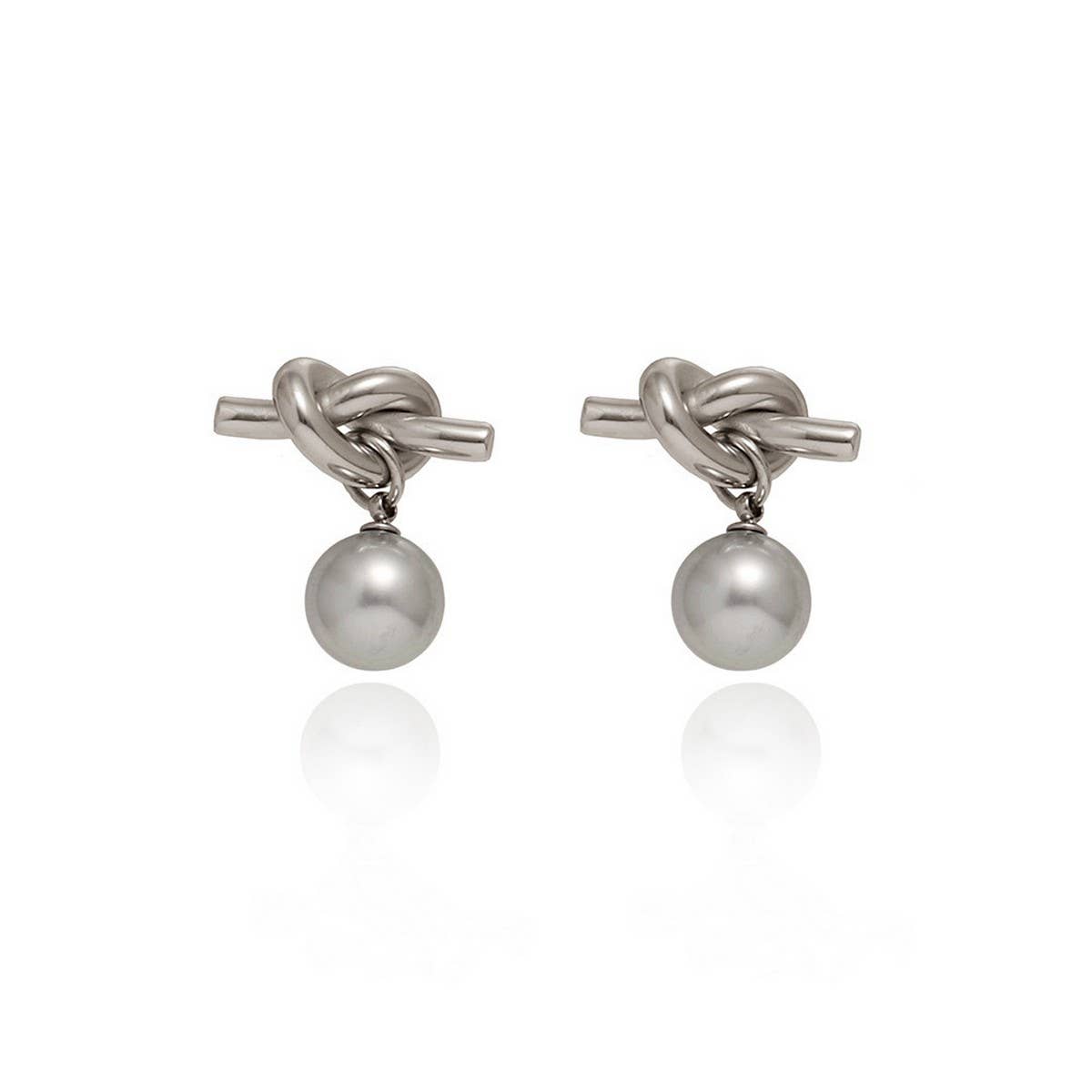 Rope Knot Grey Pearl Stud Earrings Gold White