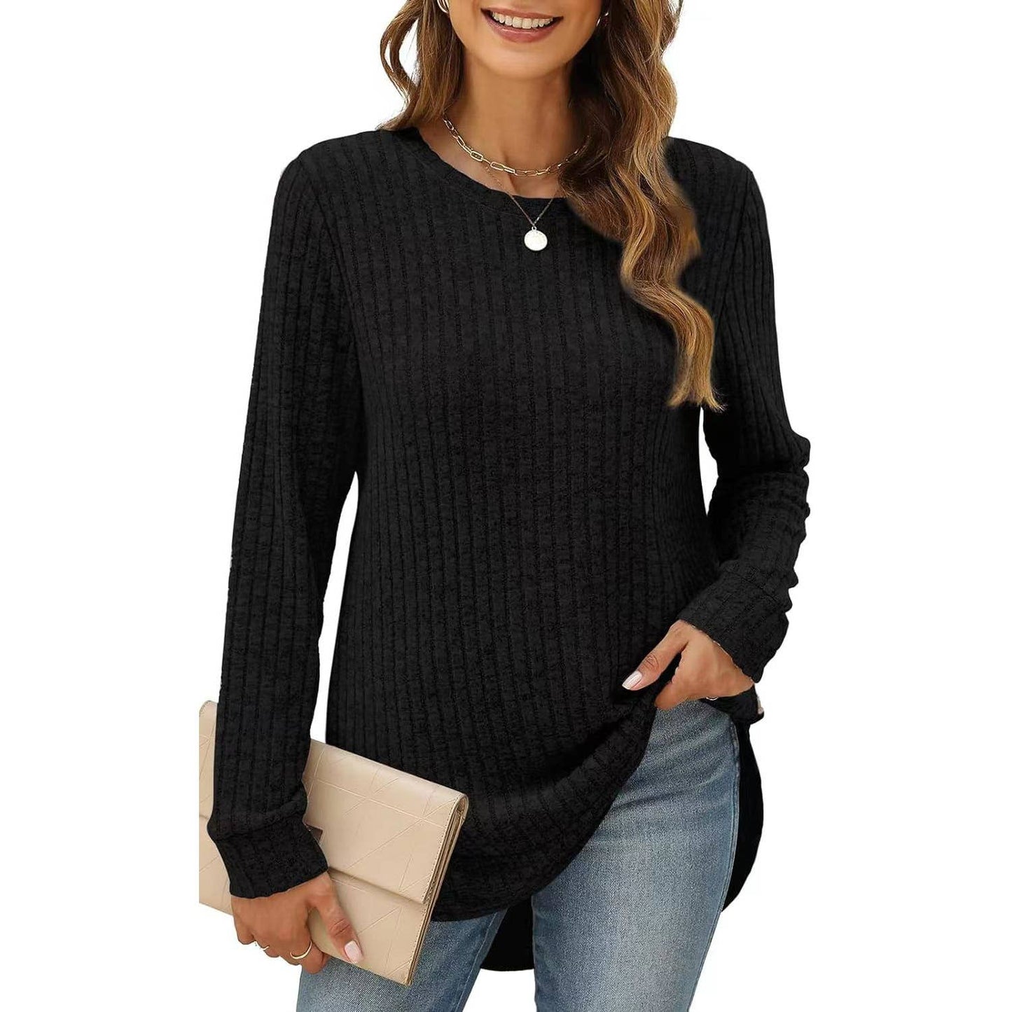 SOLID COLOR ROUND NECK LONG SLEEVE BRUSHED SHIRT