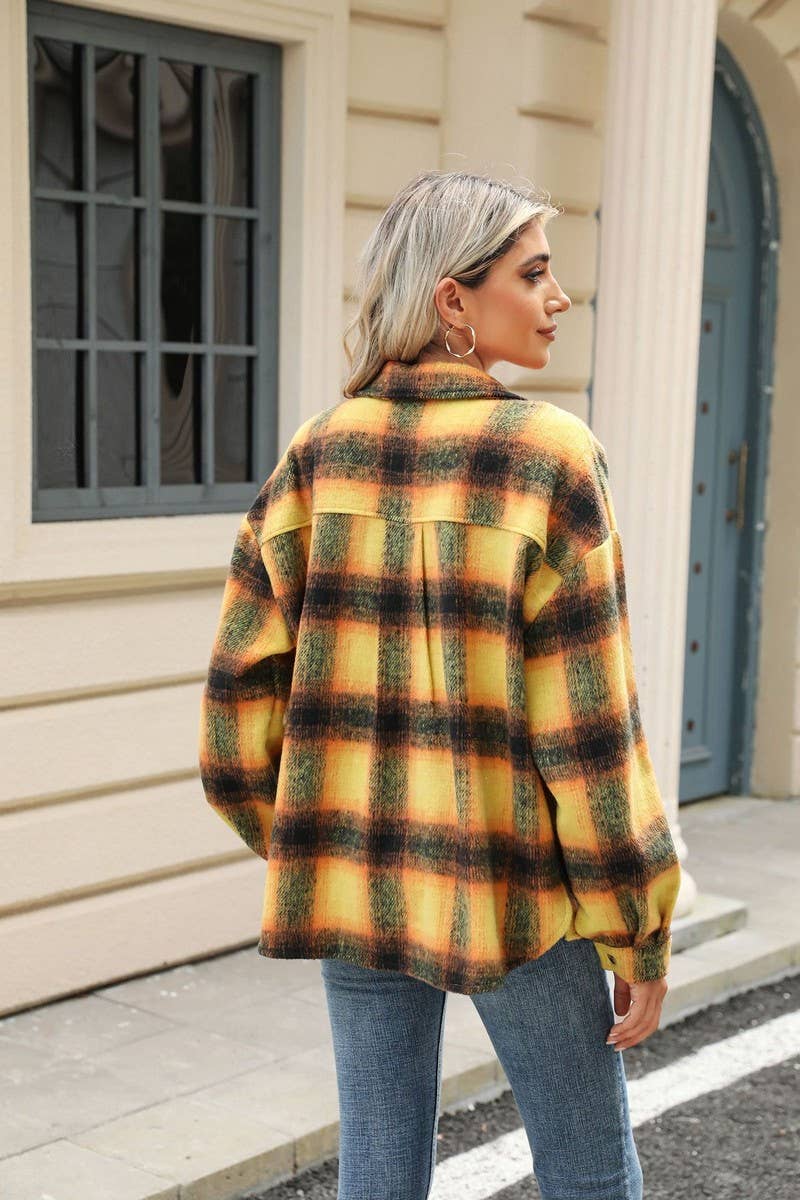 CWOCO0874_LONG SLEEVE LOOSE STRIPED PLAID CARDIGAN COAT