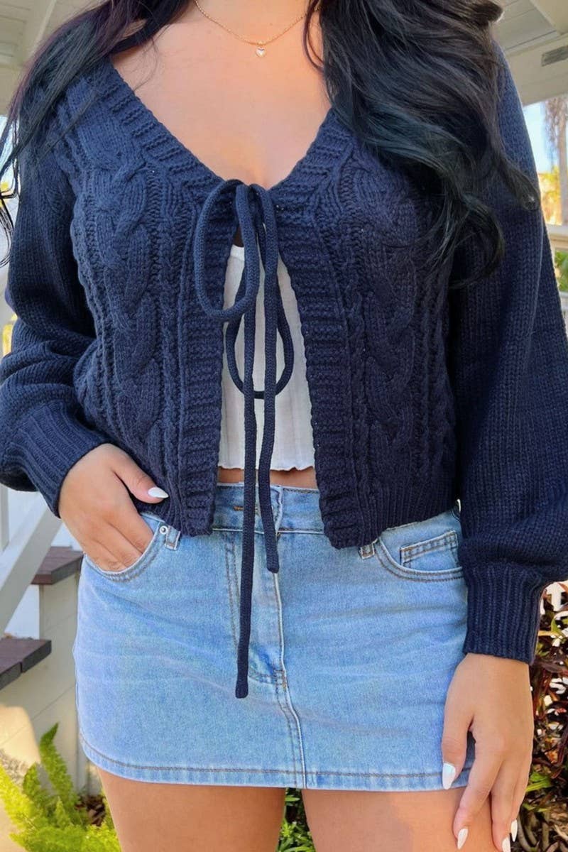 CWOCAL00827_SOLID V NECK CABLE KNIT TIE FRONT CARDIGAN