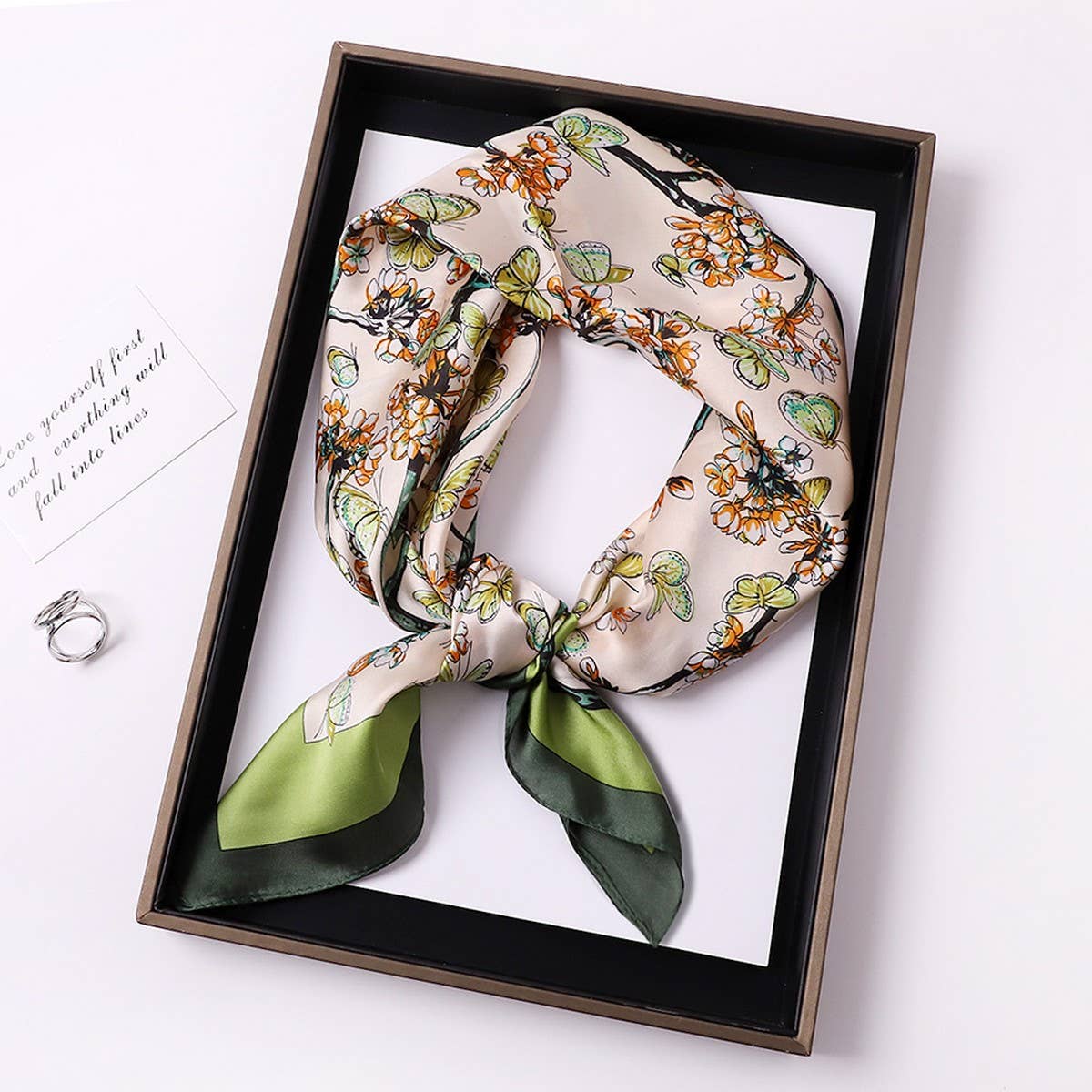 Vintage Letter Print Satin Square Scarf for Women