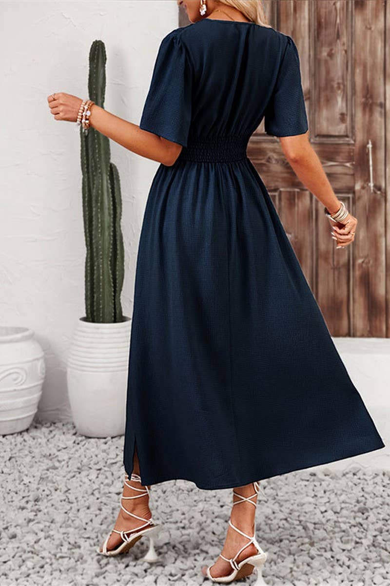 CWDMD4879_LOTUS LEAF SLEEVE SLIT ELASTIC WAIST DRESS