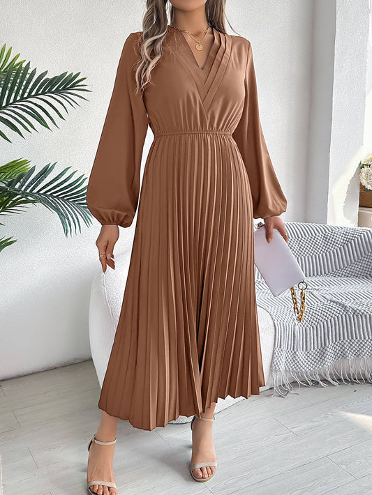 TRIPLE V-NECK LONG-SLEEVED WAIST PLEATED DRESS