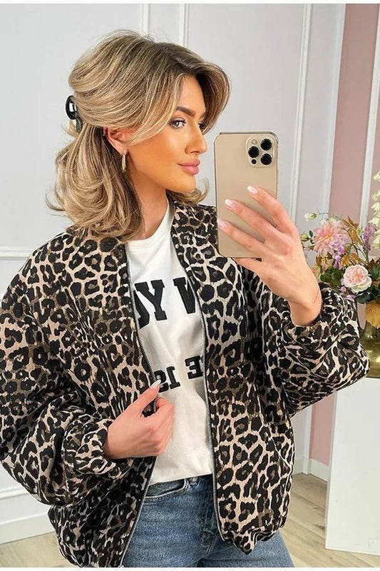 CWOCO1077_CASUAL LEOPARD PRINT ZIP-UP JACKET