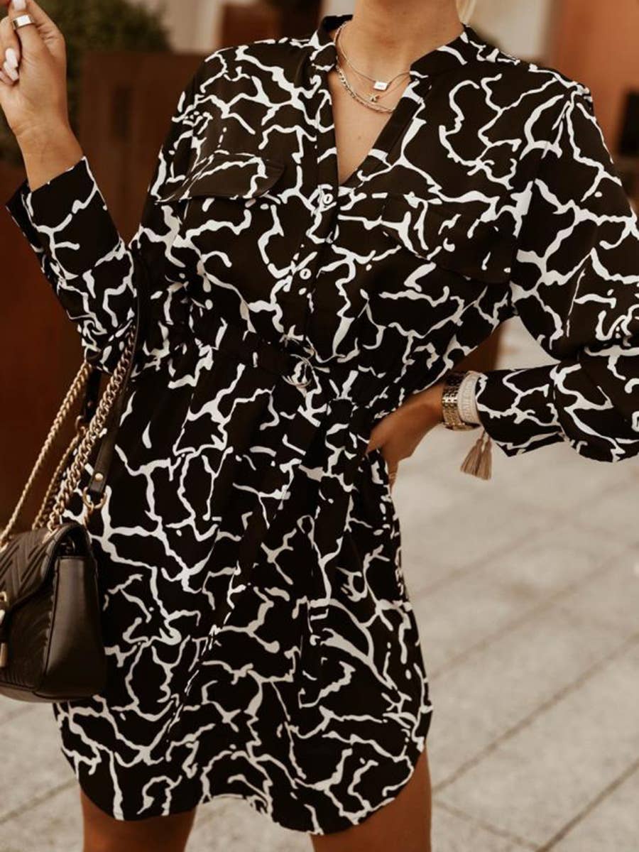 LONG-SLEEVED PRINTED SHIRT DRESS WITH WAIST STRAP