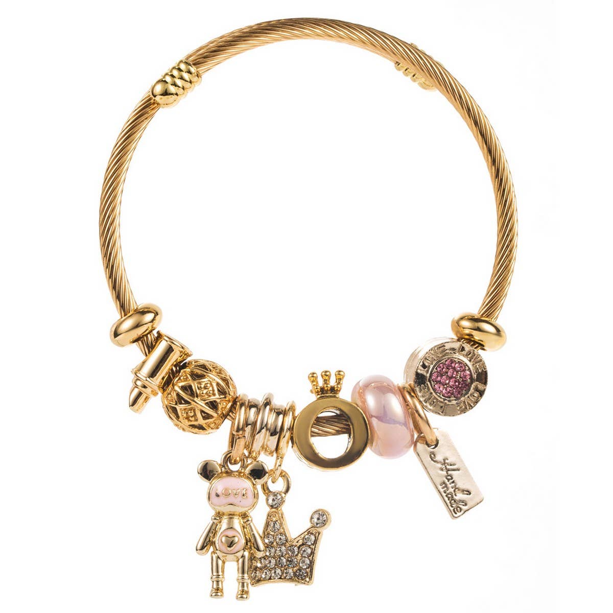 Trendy Beaded Steel Bracelet with Bear & Crown