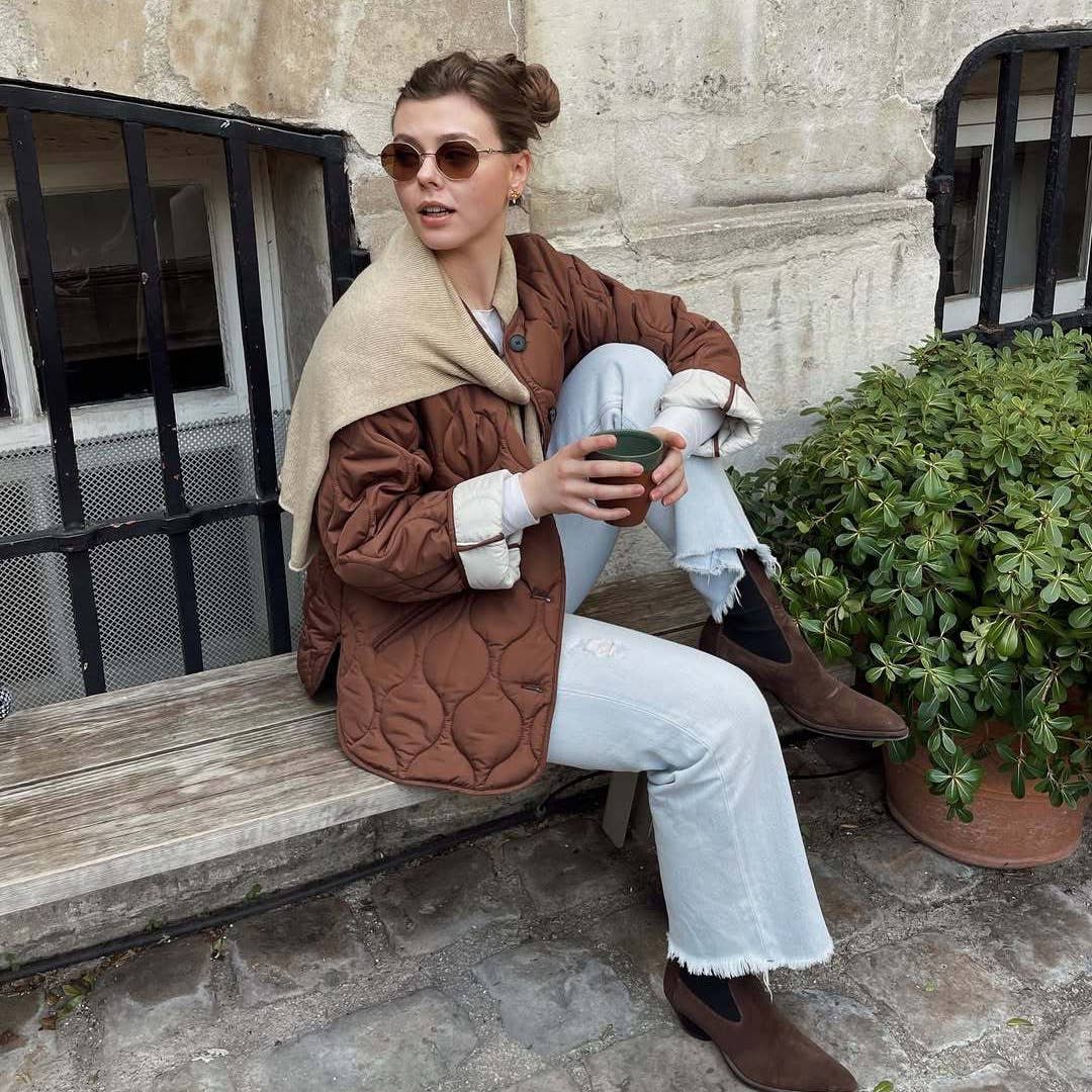 Simple quilted cotton-padded round-neck coat