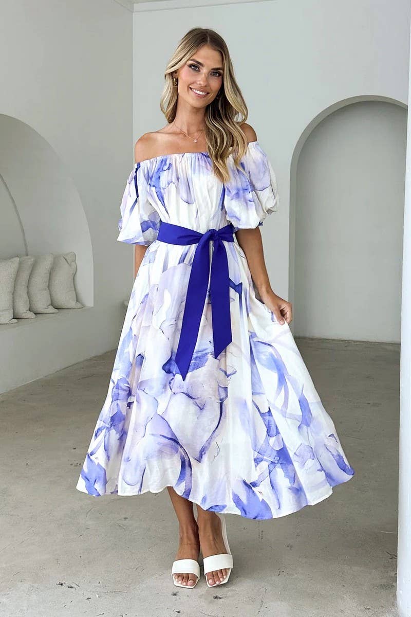 CWDMD5899_ELEGANT OFF-SHOULDER WAISTED PUFF SLEEVE DRESS