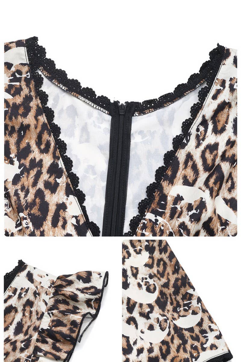 CWDSD7532_V-NECK RUFFLED SLEEVES LEOPARD PRINT DRESS