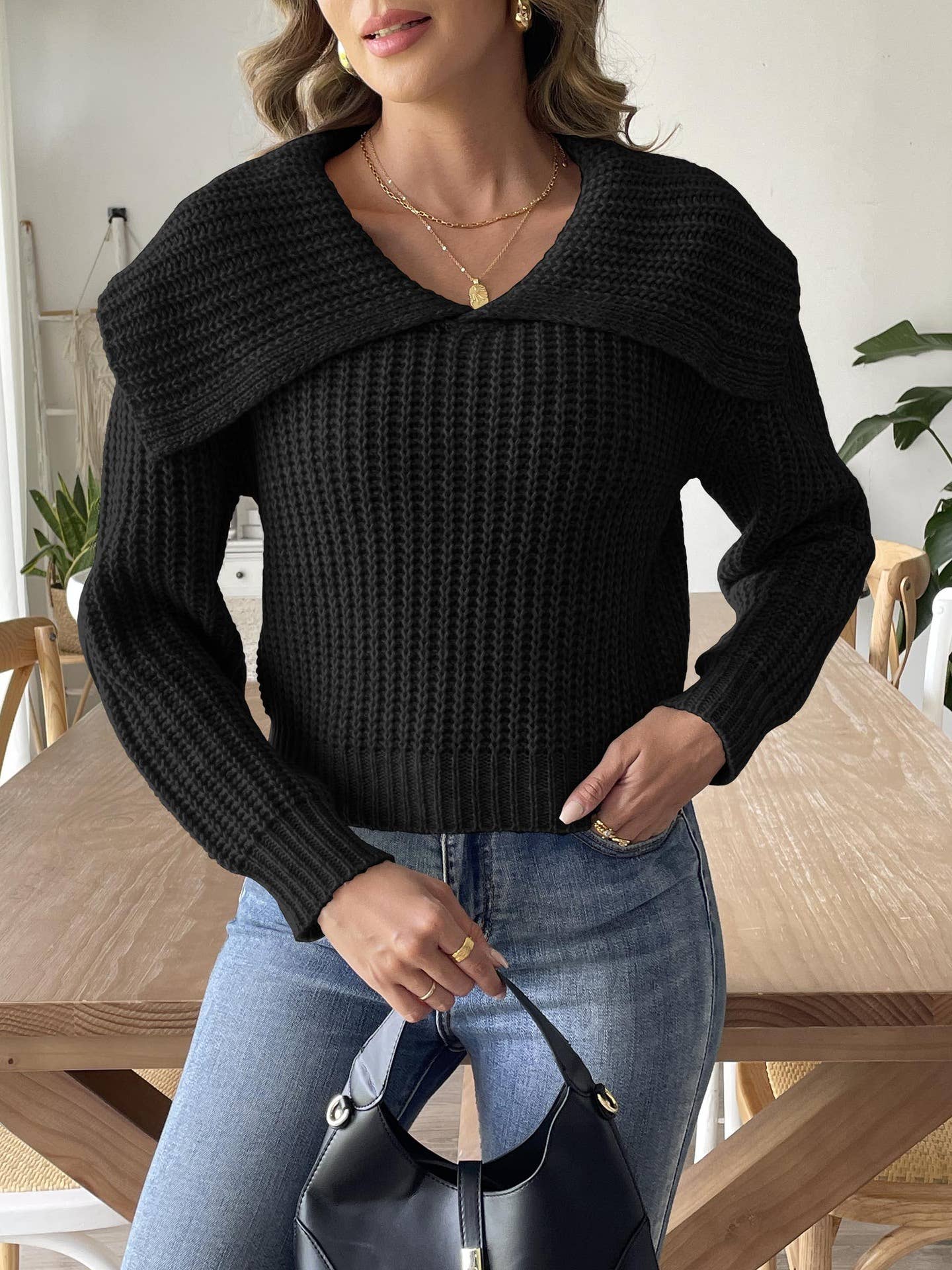 WOVEN SWEATER LARGE LAPEL PULLOVER SWEATER