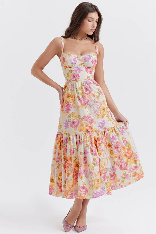 One-shoulder pleated lace floral camisole dress