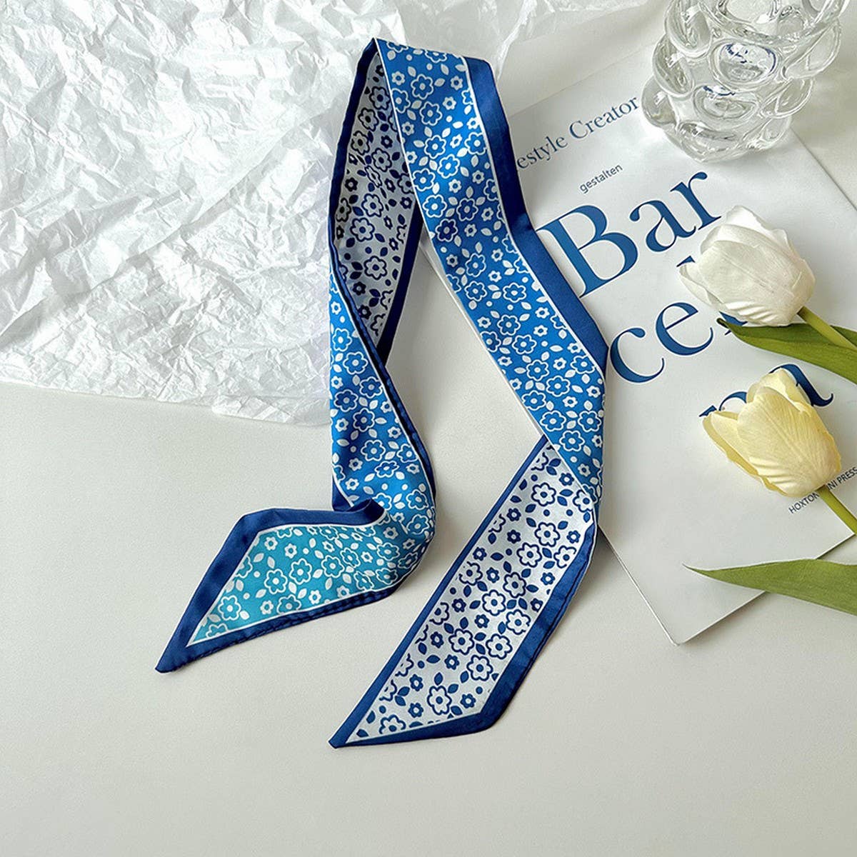 BOW TIED HAIR BLUE SILK SCARF_CWASC0731