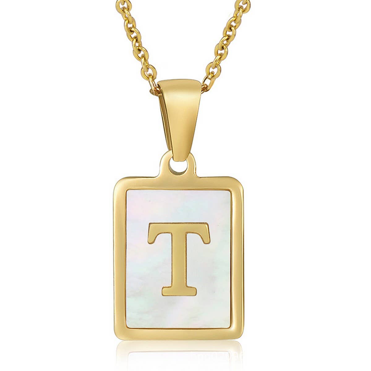 CWAJE1917_Square Stainless Steel White Shell Letter Necklace