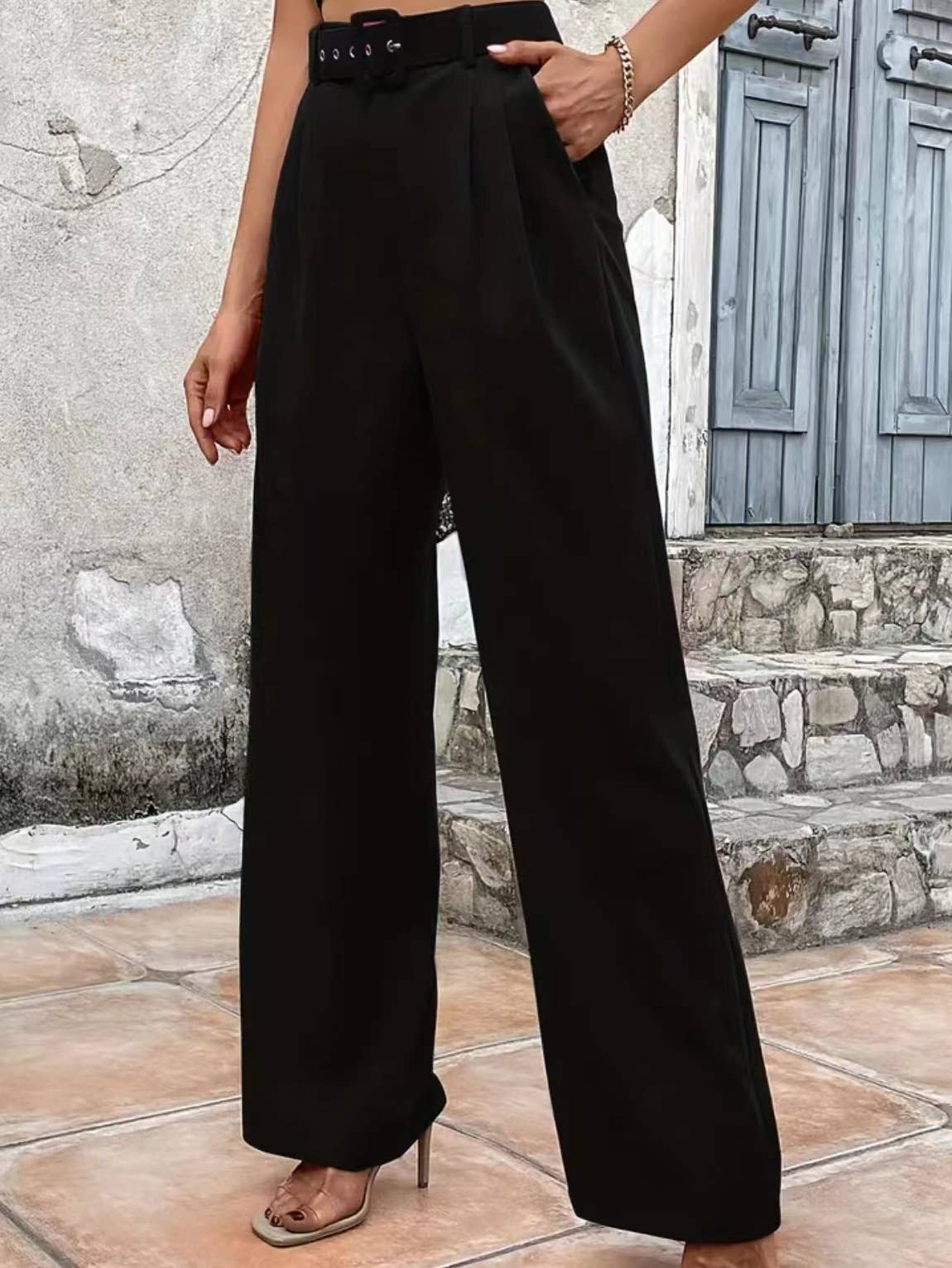 Elegant solid color belt straight pants