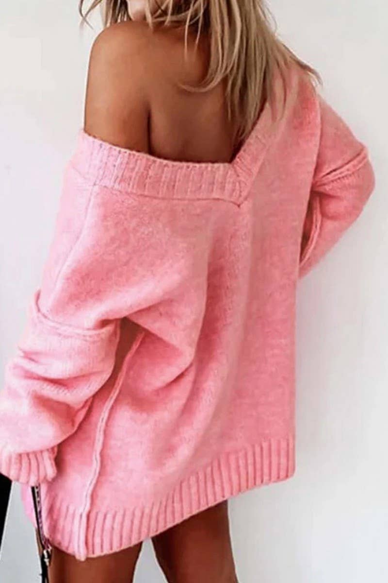 CWOSWL07057_SOLID COLOR V-NECK LOOSE OFF-SHOULDER SWEATER