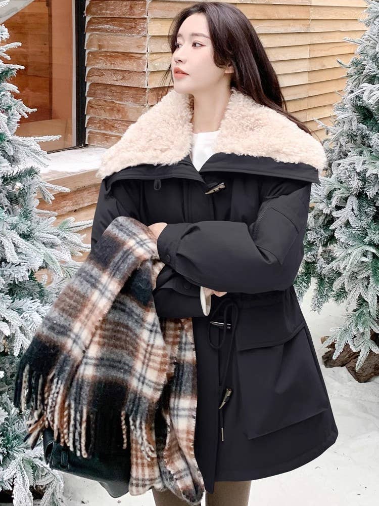 Large lapel horn buckle waist cottons jacket