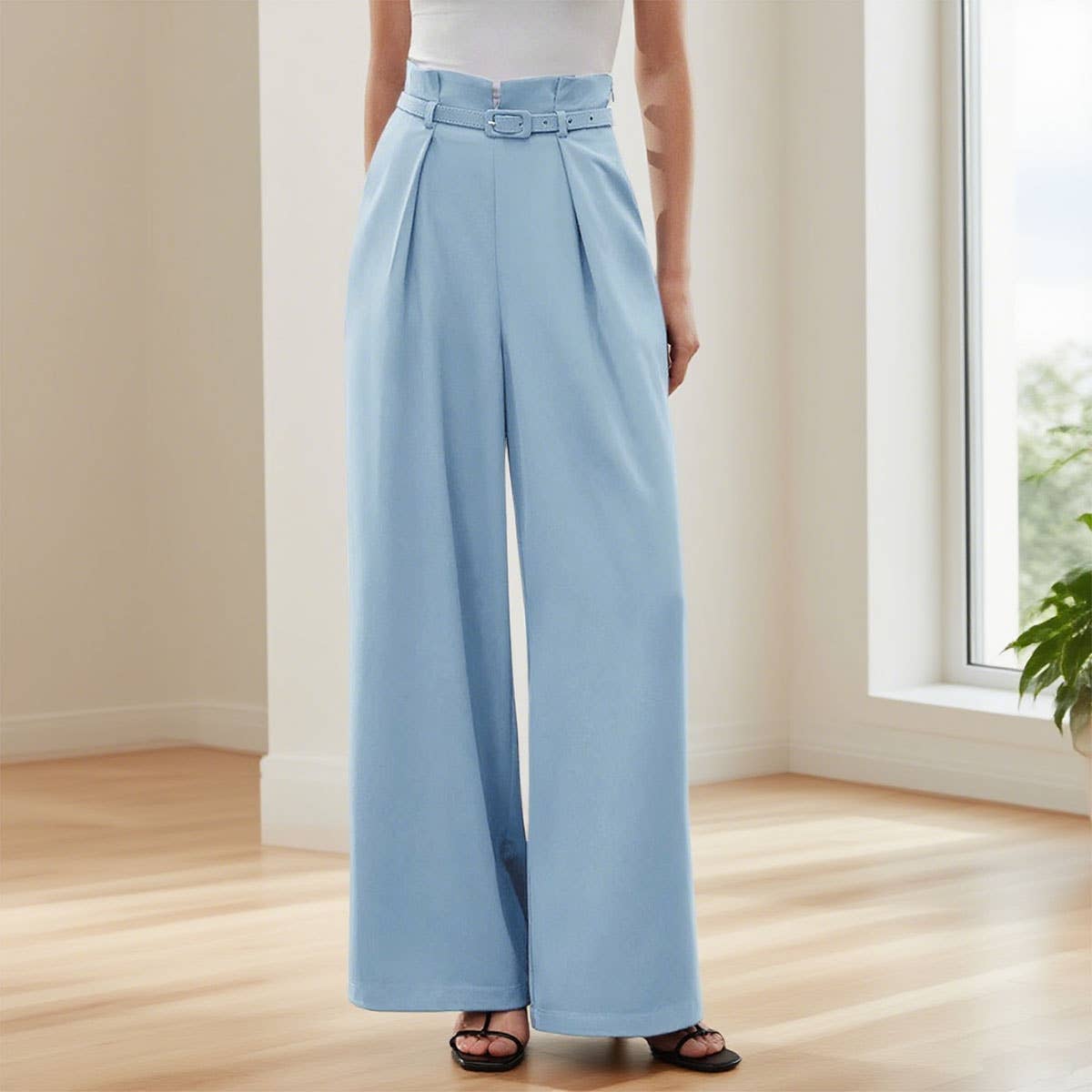 Pleated cinched waist high-waisted wide-leg pants